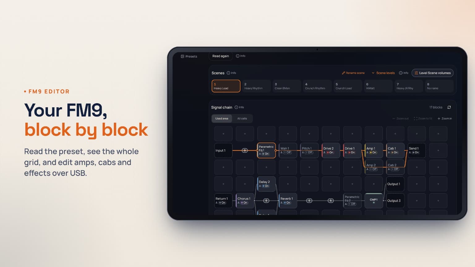 Dial My Tone FM9 editor showing Fractal grid routing, Scenes and amp controls