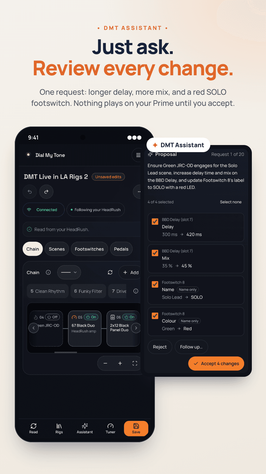 HeadRush editor on a phone with a DMT Assistant proposal of four changes to review