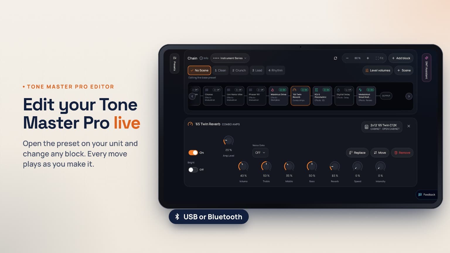 Dial My Tone Tone Master Pro editor showing its signal chain and live block controls